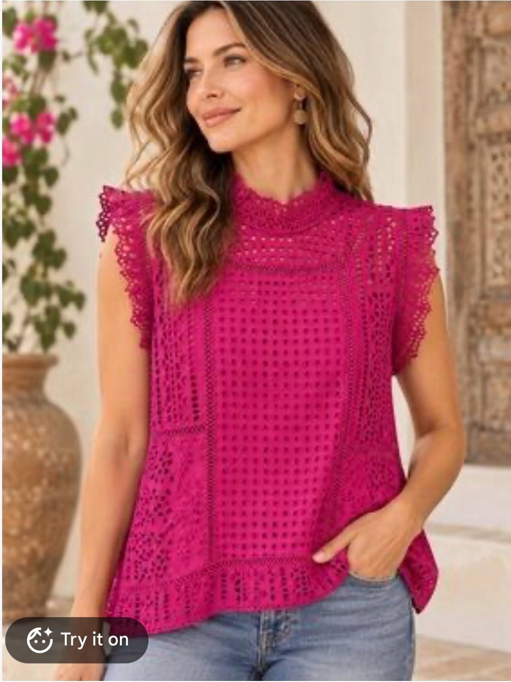 Sundance Lyra Eyelet Top Fuschia Pink Size Medium Lined